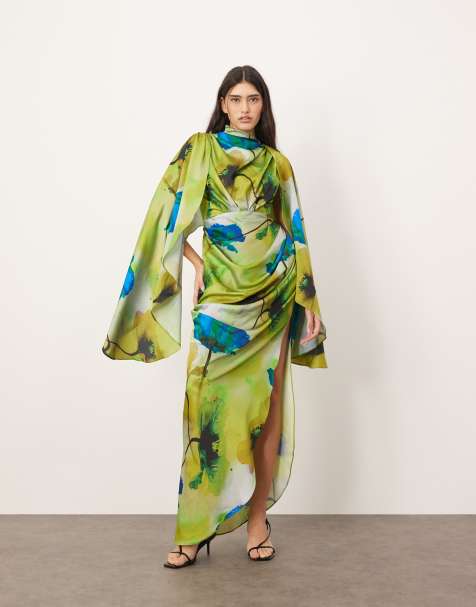 ARRANGE - Robe longue en satin à manches oversize avec fronces - Imprimé fleurs encre - view 1