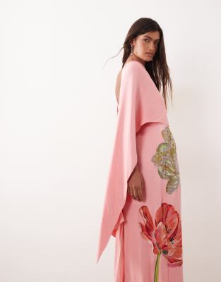 Robe longue en satin avec superposition et fleurs brodées - Rose 32