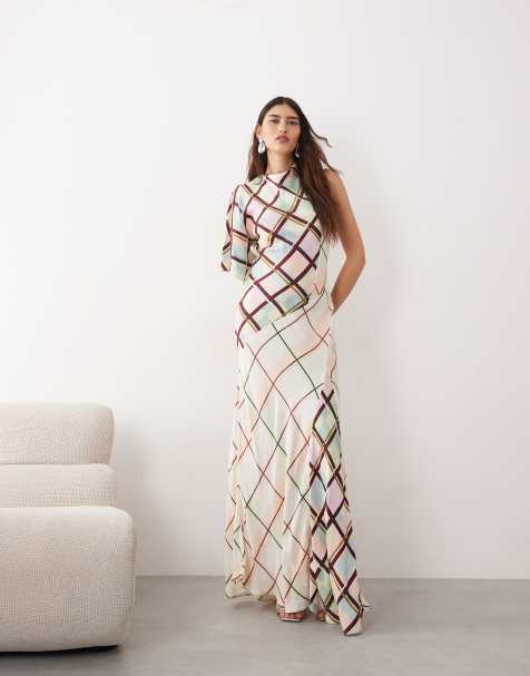 ARRANGE - Robe longue et asymétrique à carreaux variés avec col bénitier - view 1