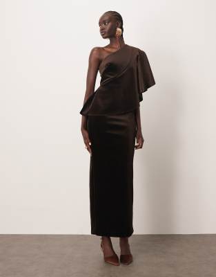 Robe longue et asymétrique avec buste en velours - Chocolat-Brown 36