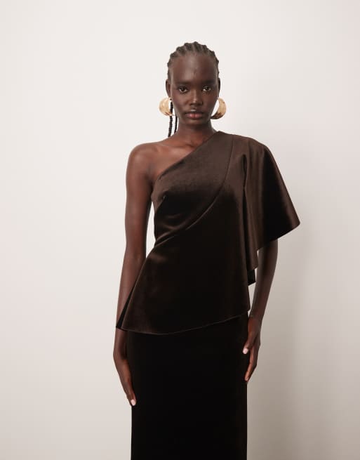 ARRANGE - Robe longue et asymétrique avec buste en velours - Chocolat, 2 de 4