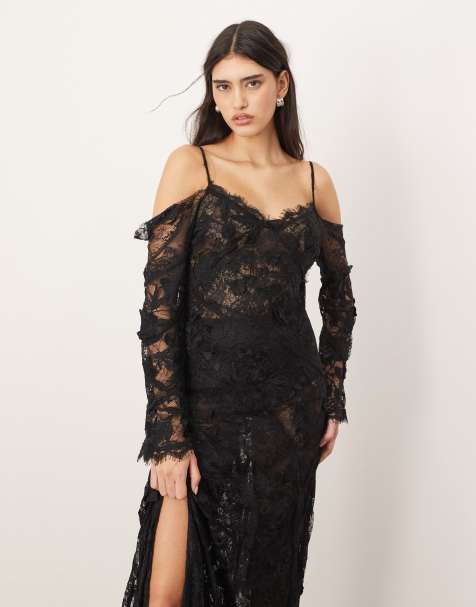 ARRANGE - Robe longue et fendue en dentelle brodée avec épaules nues - Noir - view 1