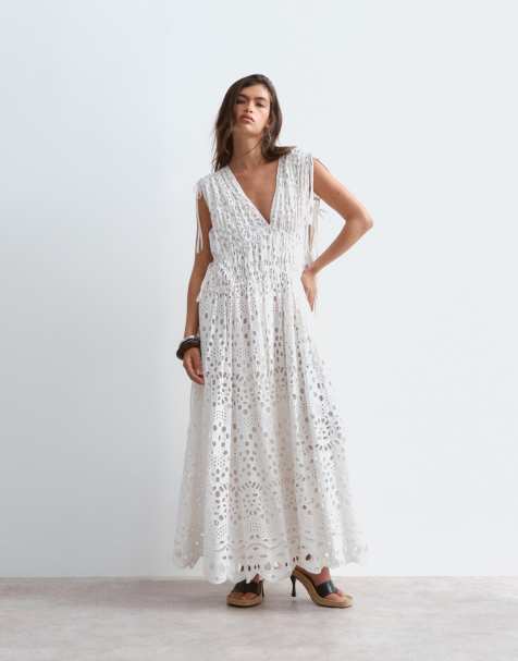 ARRANGE - Robe longue évasée en broderie anglaise avec cordon de serrage - Blanc - view 1