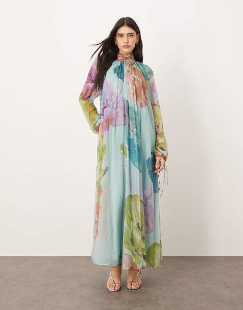 ARRANGE - Robe longue évasée en mousseline avec grand imprimé fleuri et col montant - Bleu - view 1