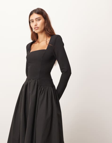 ARRANGE - Robe longue hybride à encolure carrée et jupe ample - Noir - view 1