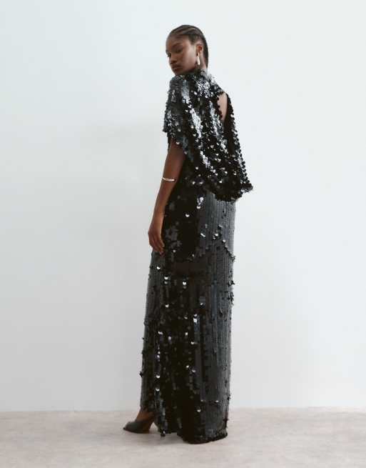 ARRANGE robe longue minimaliste à dos drapé ouvert en sequins noire, 1 de 5