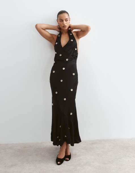 Arrange robe longue noire à dos nu et col halter ornée de pierres - view 1