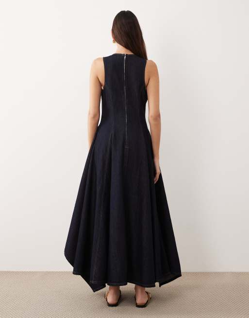 ARRANGE - Robe longue plissée en jean à ourlet mouchoir et décolleté plongeant - Indigo, 3 de 4