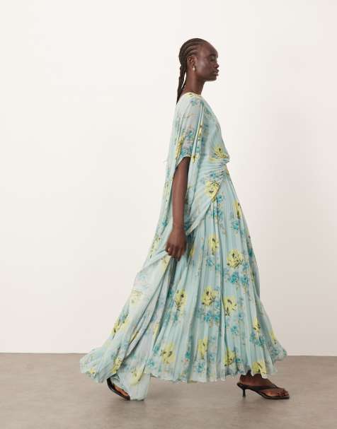 ARRANGE - Robe longue plissée et volumineuse en mousseline à manches larges - Bleu fleuri - view 1