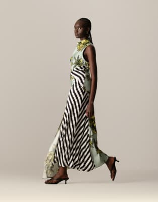 ARRANGE - Robe longue sans manches avec col bénitier à imprimé fleurs et rayures-Multicolore