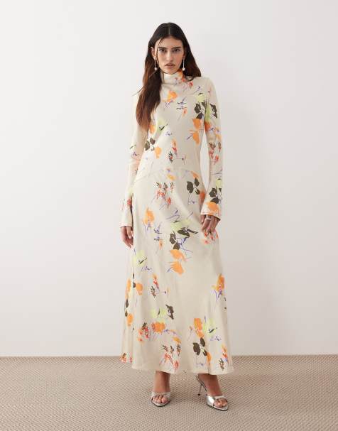 ARRANGE - Robe longue satinée à imprimé fleurs avec col montant et empiècements - view 1