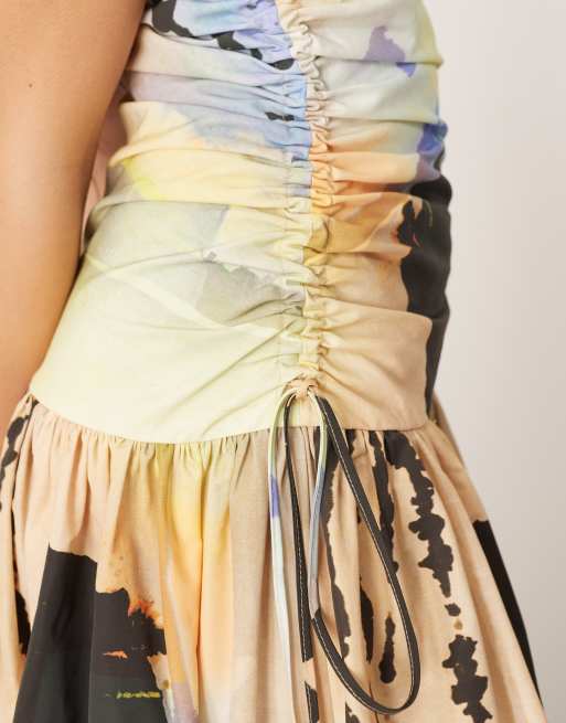 ARRANGE - Robe mi-longue à détail froncé, col cheminée et taille basse - Imprimé effet peinture, 2 de 4