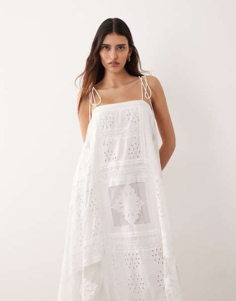 ARRANGE - Robe mi-longue à encolure carrée et broderies - Blanc - view 1