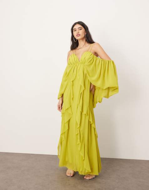ARRANGE - Robe mi-longue à volants et épaules nues - Citron vert - view 1