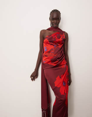 ARRANGE - Robe mi-longue drapée à grandes fleurs florales avec col foulard et dos nu-Multicolore