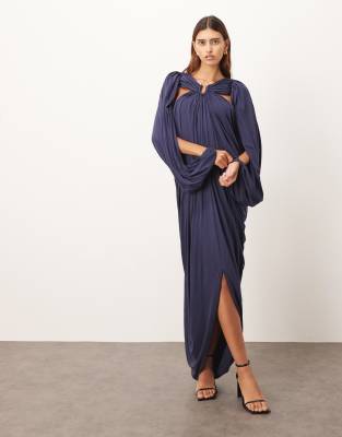 Jupe Longue Drapée Mona Lisa By Interchic, Bleu Métal, Taille 54 élastiquée - Neuve