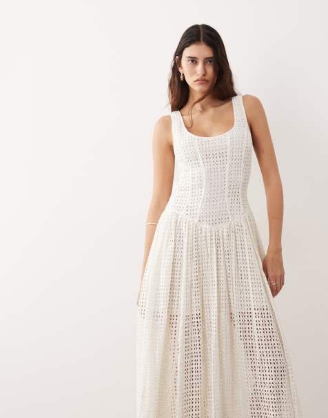 ARRANGE - Robe mi-longue en broderie anglaise à taille basse - Blanc - view 1