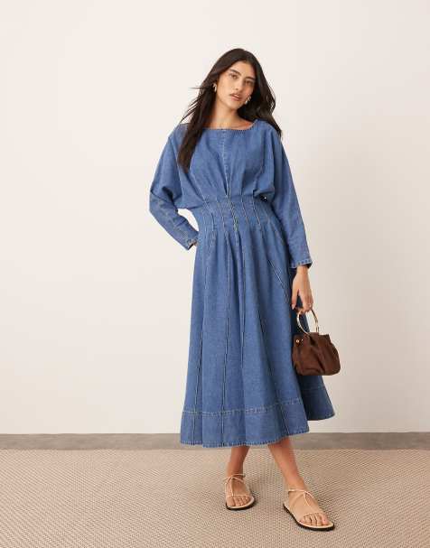 ARRANGE - Robe mi-longue en denim avec manches longues et jupe ample - Bleu moyen - view 1