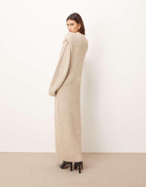 ARRANGE - Robe mi-longue en maille côtelée à épaulettes - Grège, 4 de 4