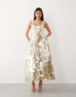 ARRANGE - Robe mi-longue évasée à encolure carrée et sequins ronds - Jaune citron