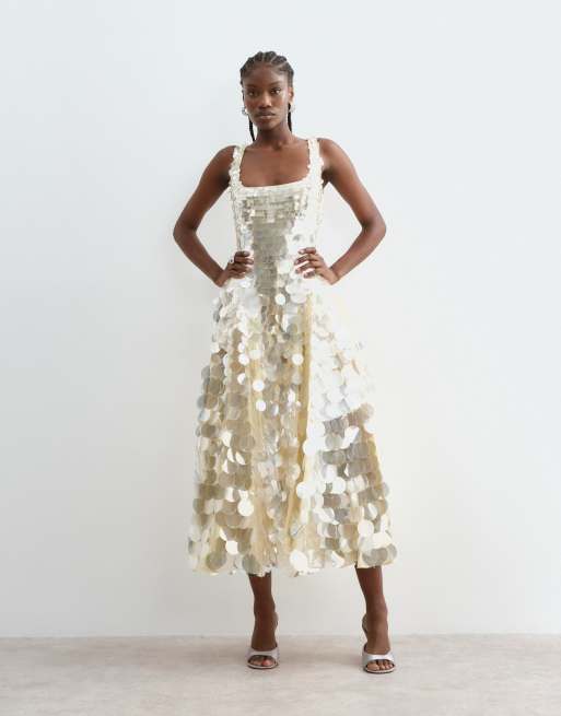 ARRANGE - Robe mi-longue évasée à encolure carrée et sequins ronds - Jaune citron, 2 de 5