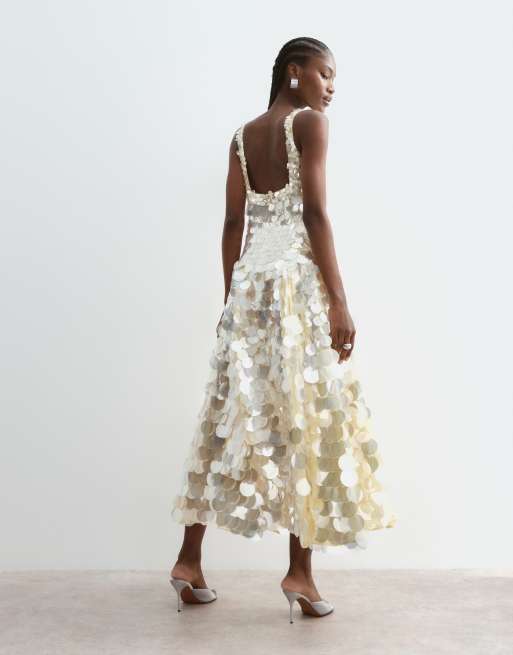 ARRANGE - Robe mi-longue évasée à encolure carrée et sequins ronds - Jaune citron, 4 de 5