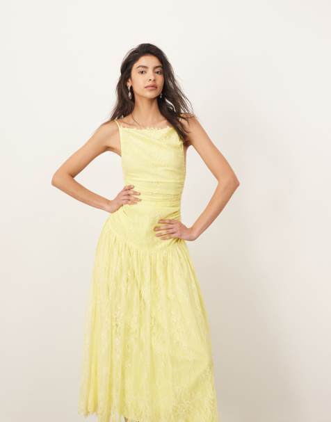 ARRANGE - Robe mi-longue froncée en dentelle avec taille basse - Citron - view 1