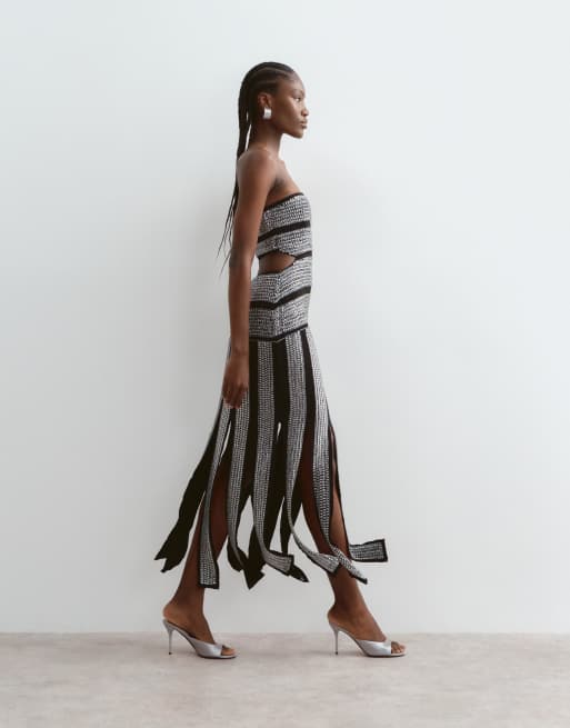 ARRANGE robe mi-longue ornementée à empiècements, bandeau, ourlet à franges, noire, 2 de 5