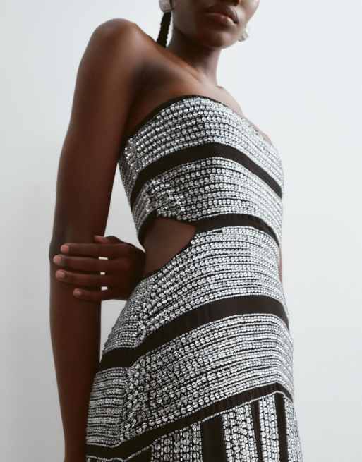 ARRANGE robe mi-longue ornementée à empiècements, bandeau, ourlet à franges, noire, 3 de 5
