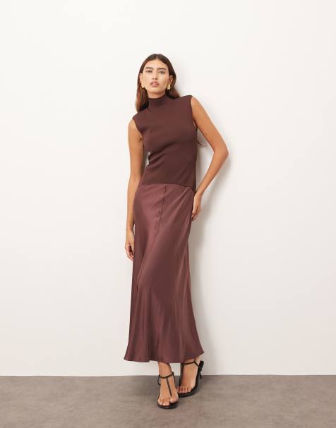 ARRANGE - Robe mi-longue taille basse en maille avec jupe en satin - Chocolat - view 1
