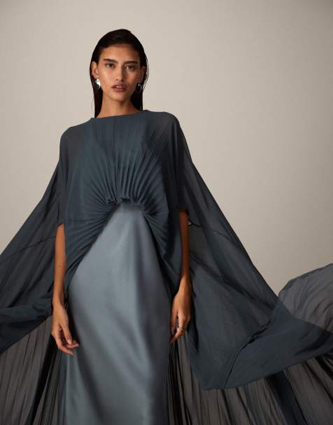 ARRANGE - Robe plissée longue et hybride façon cape - Bleu pétrole - view 1