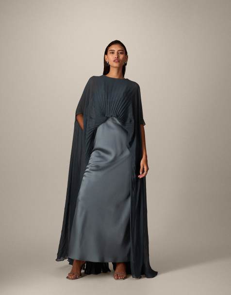 ARRANGE - Robe plissée longue et hybride façon cape - Bleu pétrole - view 1