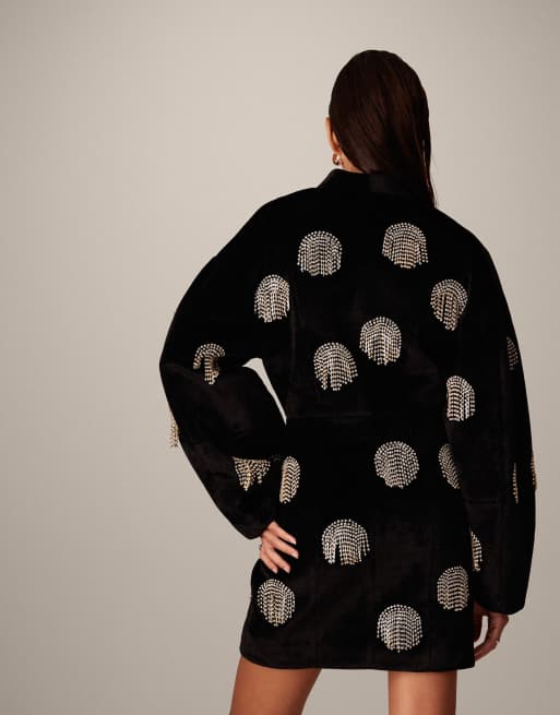 ARRANGE - Robe portefeuille courte en velours à pois ornementés - Noir, 4 de 4