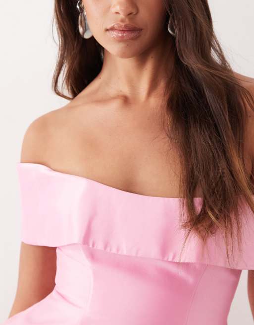 ARRANGE - Robe structurée longue en satin avec épaules dénudées - Rose, 3 de 4