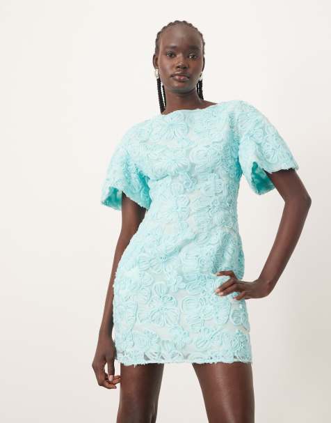 ARRANGE - Robe t-shirt courte avec fleurs brodées en relief - Bleu - view 1