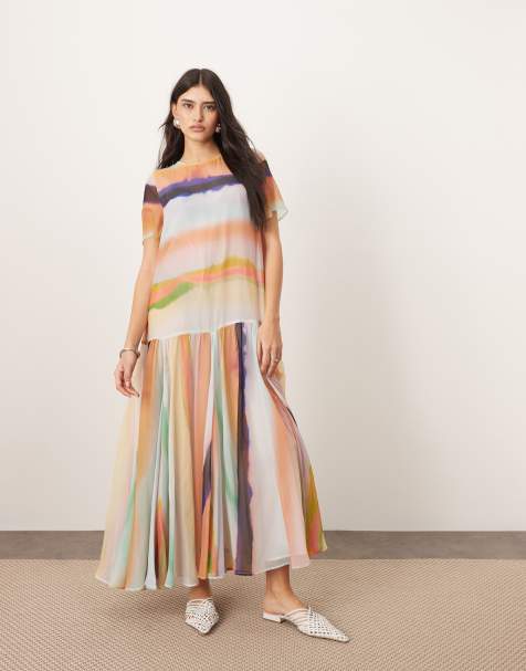 ARRANGE - Robe t-shirt longue transparente en mousseline à taille basse et rayures floues - view 1