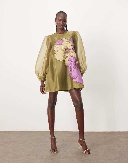 ARRANGE - Robe trapèze courte à manches volumineuses et appliqués fleuris - Vert, 2 de 4