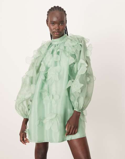 ARRANGE - Robe trapèze courte en organza à col montant et appliqués fleurs - Vert clair - view 1