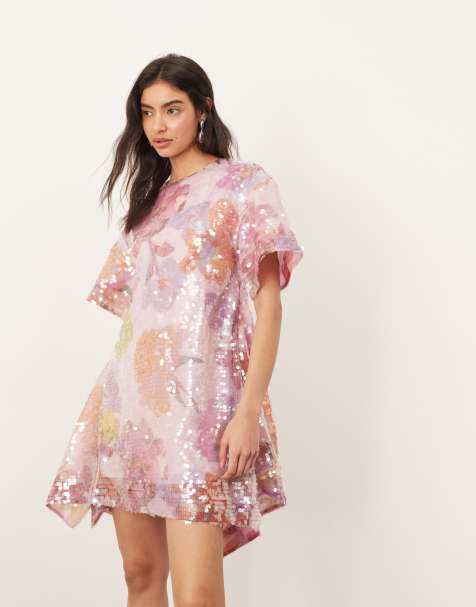ARRANGE - Robe trapèze courte et asymétrique à sequins - Imprimé fleurs - view 1