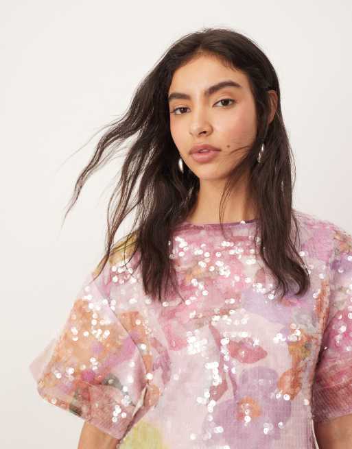ARRANGE - Robe trapèze courte et asymétrique à sequins - Imprimé fleurs, 3 de 4