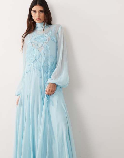 ARRANGE - Robe trapèze longue à appliqués fleurs avec manches bouffantes et col noué - Bleu, 2 de 4