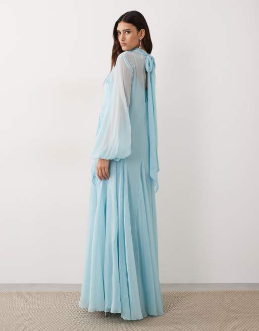 ARRANGE - Robe trapèze longue à appliqués fleurs avec manches bouffantes et col noué - Bleu, 4 de 4