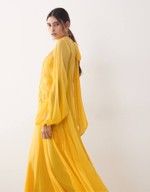 ARRANGE - Robe trapèze longue à appliqués fleurs avec manches bouffantes et col noué - Jaune souci, 2 de 4