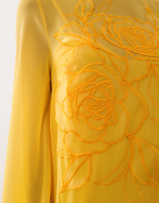 ARRANGE - Robe trapèze longue à appliqués fleurs avec manches bouffantes et col noué - Jaune souci, 3 de 4