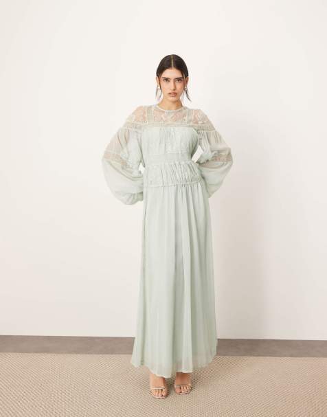 ARRANGE - Robe trapèze longue à manches bouffantes, taille basse et empiècement en dentelle - Bleu clair - view 1