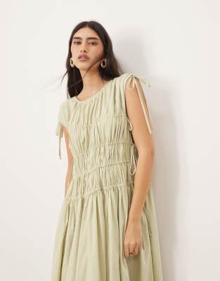 ARRANGE - Robe trapèze mi-longue en coton épuré à cordon de serrage avec poches - Sauge délavé-Jaune