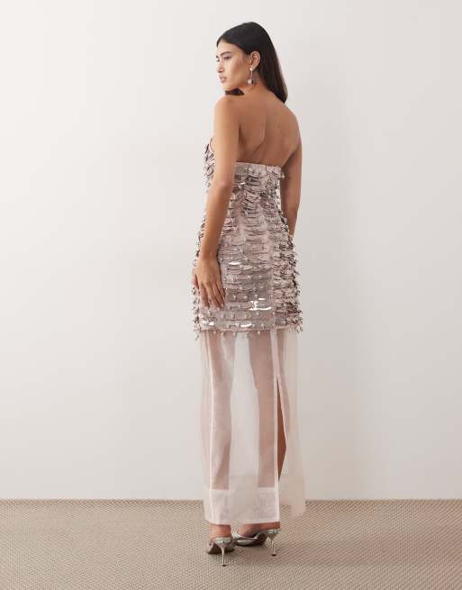 ARRANGE – Rosa, geometriskt mönstrad midiklänning i hybridstil med bandeau-ringning och uddkant, 4 av 4