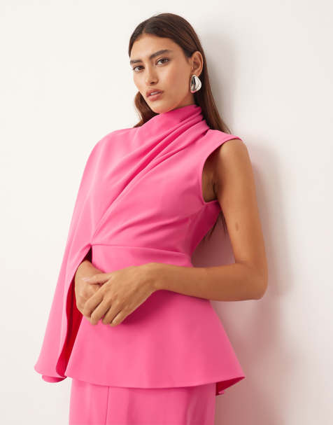 ARRANGE premium heavy crepe asymmetric sleeve drape panel midi dress in pink