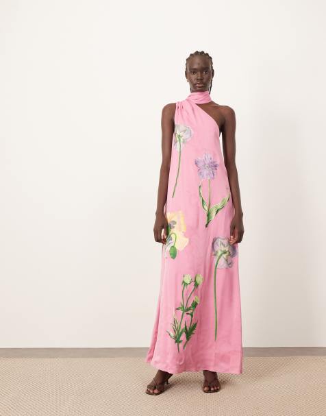 ARRANGE botanical floral embroidered one shoulder maxi dress in pink