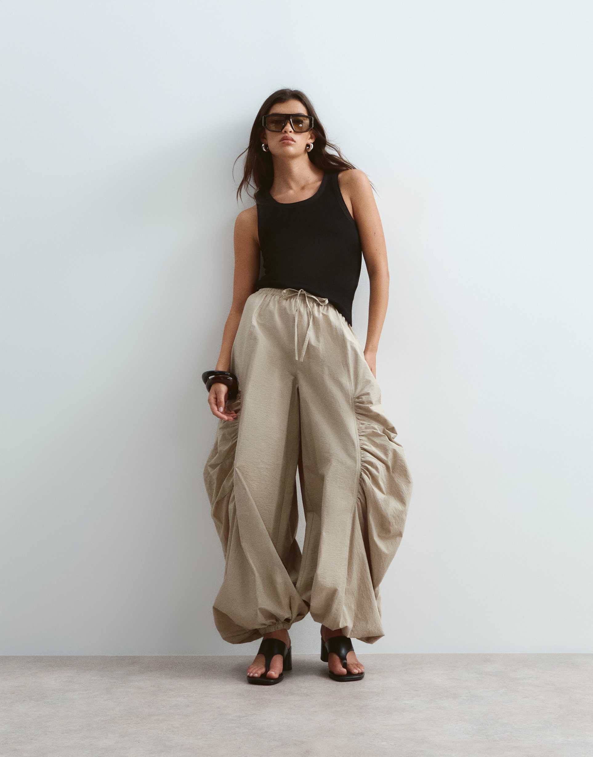 arrange ruched barrel leg utility balloon pants in stone